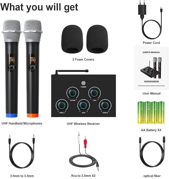 Wireless Microphone System, Dual UHF Portable Karaoke Microphone, HDMI & AUX - Image 7