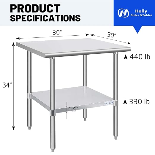 Hally Stainless Steel Table for Prep & Work 30 x 30 Inches, NSF Commercial - Image 3