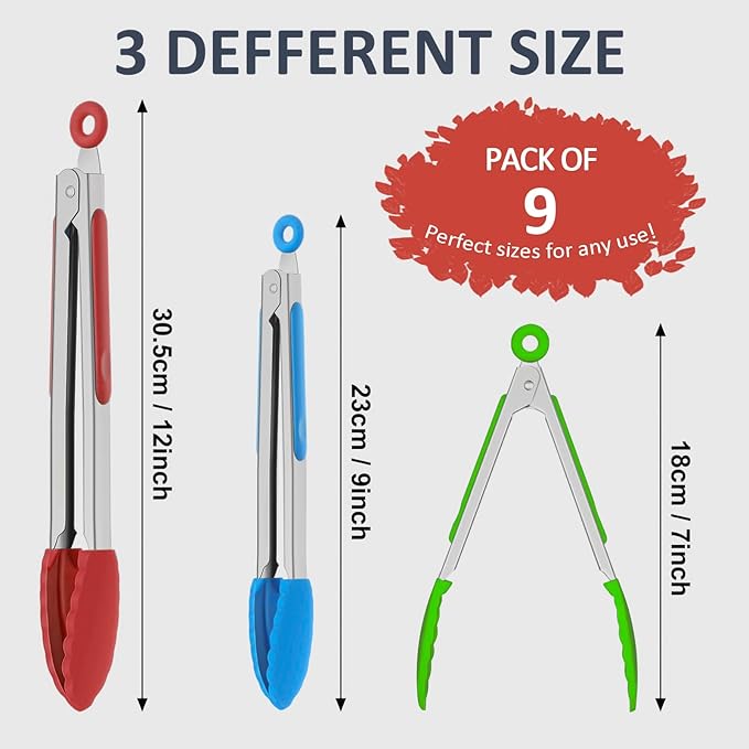 Tongs Set, 9 Pieces in 7, 9 and 12 Inch Sizes with Silicone Tips
