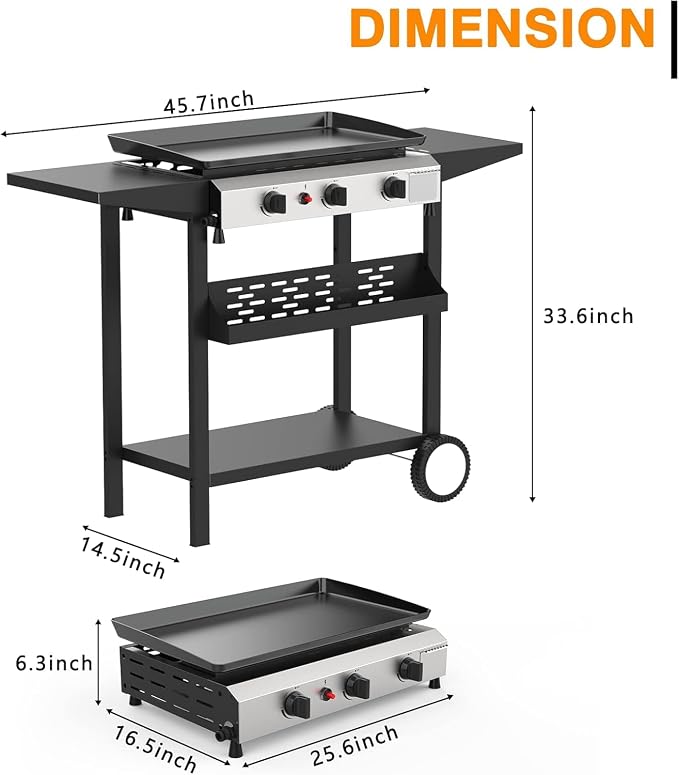 3 Burner BBQ Gas Griddle, 25.6 Inch Stainless Steel Portable Detachable Propane - Image 7