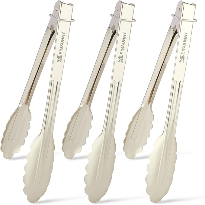 Serving Tongs 3-Pack, Silver Aluminum, 9-Inch Locking Tongs with Scalloped Tips