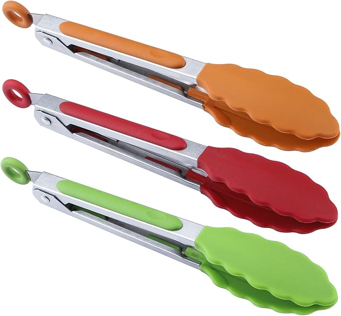 Tongs Set of 3 Mini 7-Inch Stainless Steel with Silicone Tips