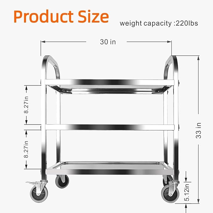 Nisorpa 3 Tier Stainless Steel Utility Cart L30 x W16 x H33 Inch Kitchen - Image 2