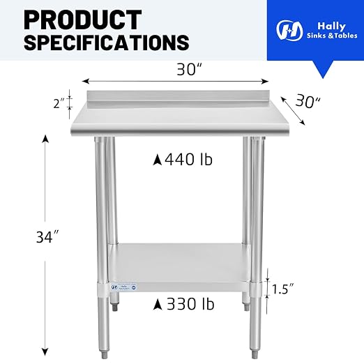 Hally Stainless Steel Table for Prep & Work 30 x 30 Inches, NSF Commercial - Image 3