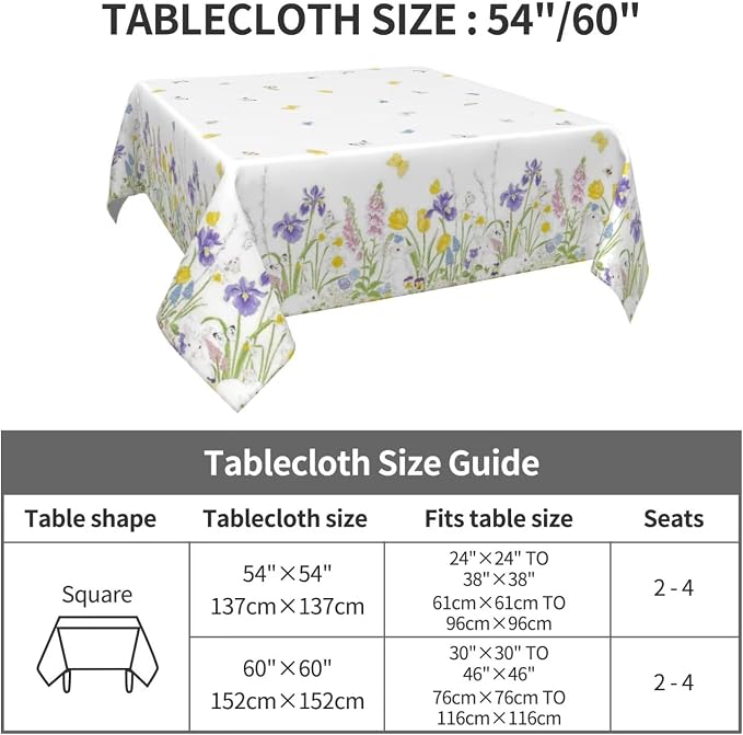 Spring Easter Tablecloth 54 x 54 Inch Square, Bunny Colorful Flower Butterfly - Image 5