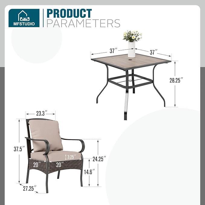 MFSTUDIO 5 Pieces Patio Dining Set, Outdoor 37" Square Wood-Like Table - Image 9