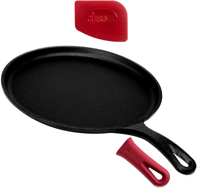 10.5-Inch Round Cast Iron Griddle, 2-Quart, with Silicone Handle Cover