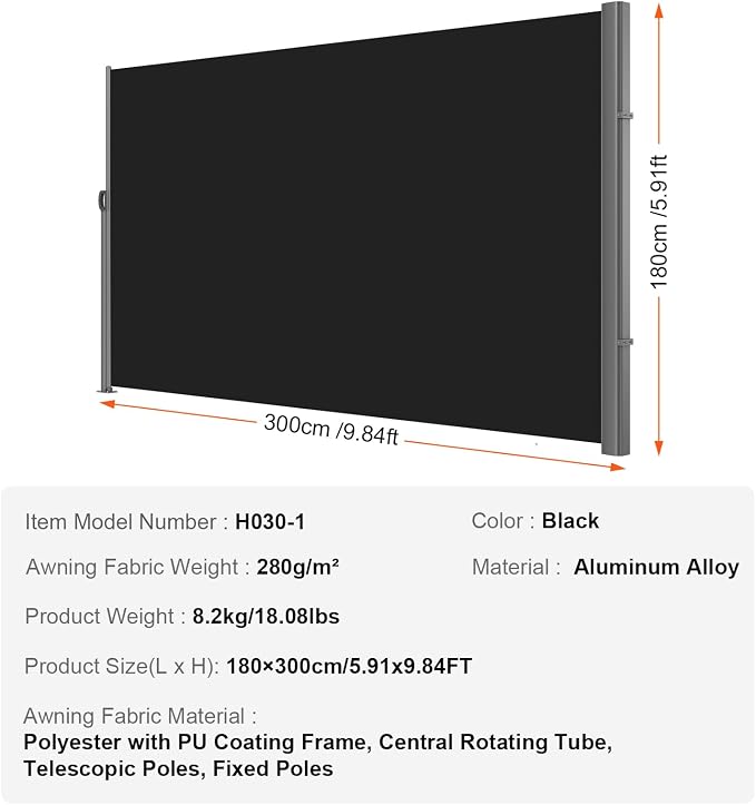 VEVOR Retractable Side Awning, UV 50 118" x 71" Retractable Patio Screen - Image 7