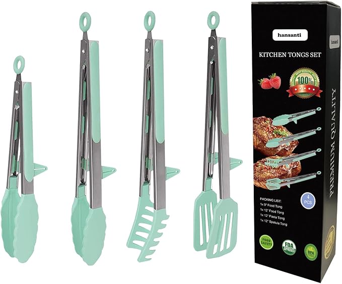 Tongs Set, 4 Piece Green Silicone and Stainless Steel for Grilling