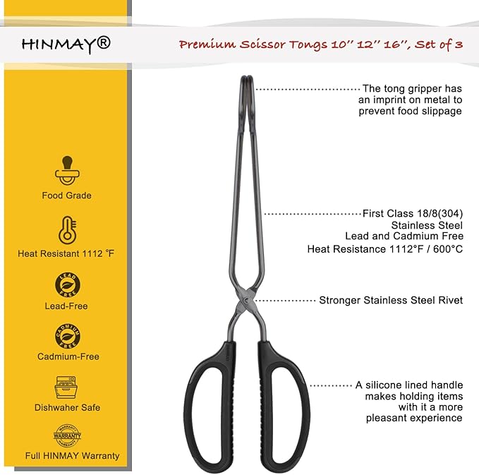 Tongs 3-Piece Set, Black Stainless Steel Scissor Style, 10, 12 and 16 Inch