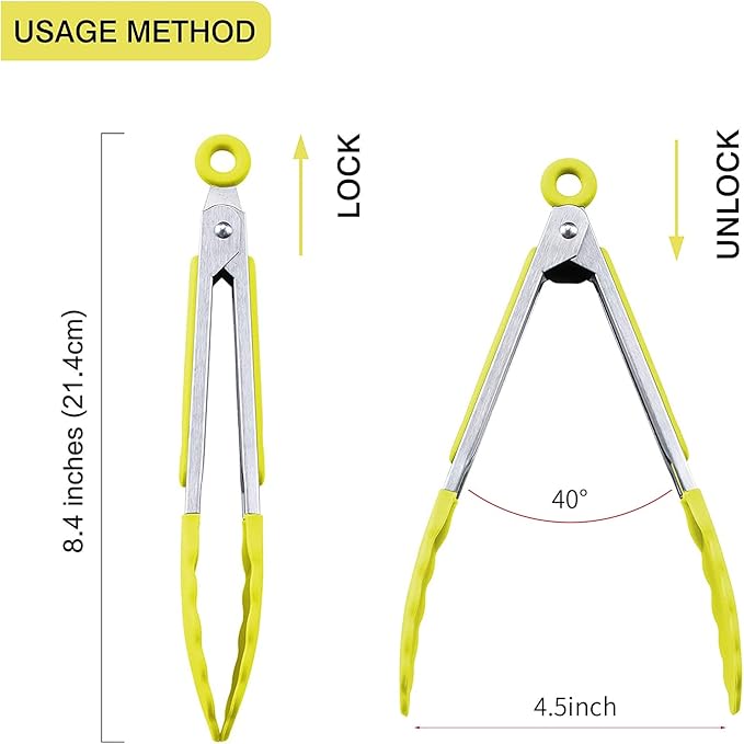 Serving Tongs 3-Pack, 7-Inch Yellow Silicone-Tip Set with Locking Ring