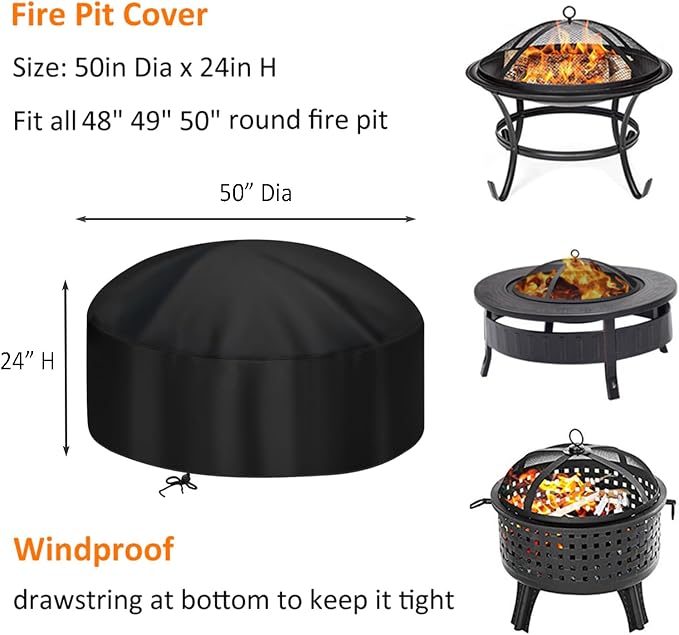 50 Inch Fire Pit Cover for 48-50 in Round Fire Pit, Heavy Duty 300D Oxford - Image 2