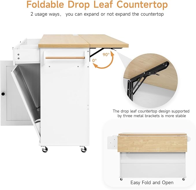 60" Kitchen Island with Power Outlet & Drop Leaf, Kitchen Rolling Island with - Image 4