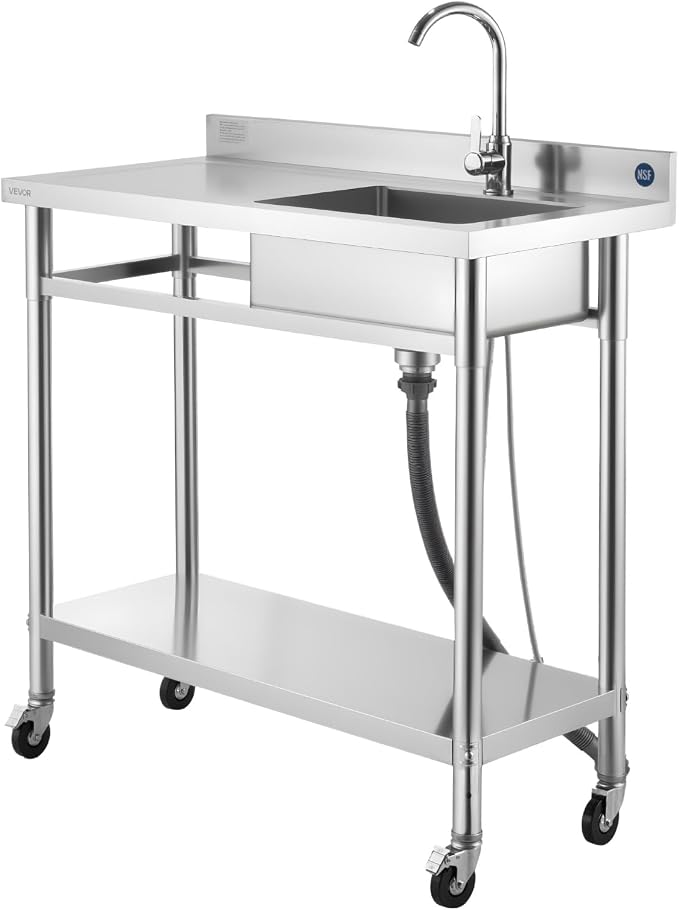 VEVOR Stainless Steel Utility Sink, Rolling Single Bowl Commercial Kitchen Sink - Image 9