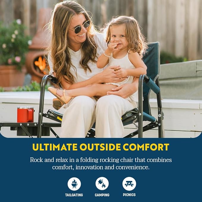 Rocking Chair with Side Table, Heathered Indigo Canvas, 250 lb Capacity