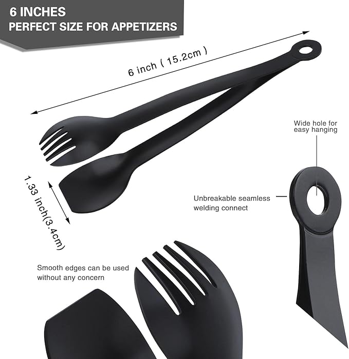 Tongs for Serving, 6 Inch Black Stainless Steel, Set of 4