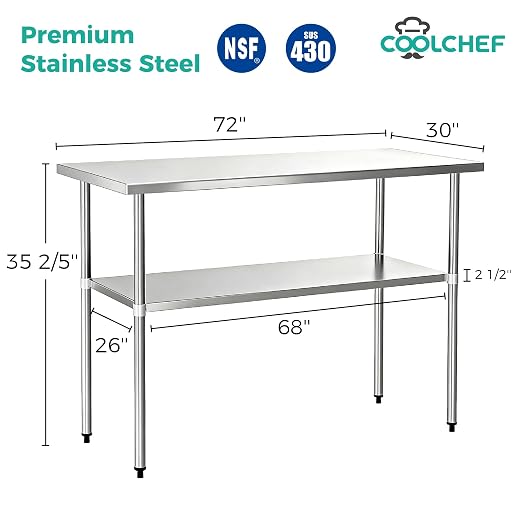 Stainless Steel Work Table 30 x 72 Inch, NSF Commercial Prep Table - Image 2