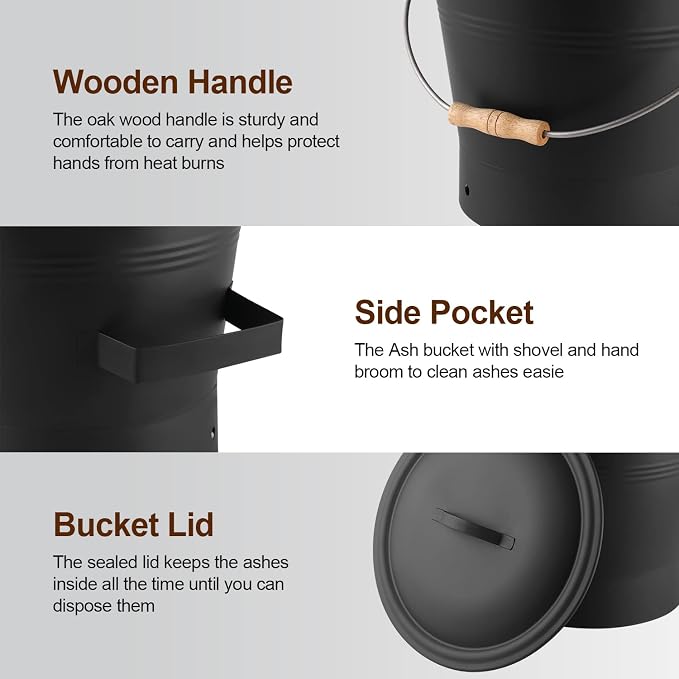 Ash Bucket with Lid, Shovel and Hand Broom, 2.6 Gallon Fireplace Metal Bucket - Image 4