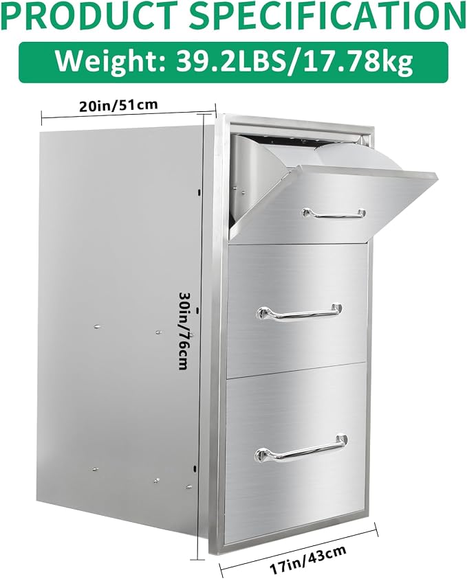 Outdoor Kitchen Drawers 17" W x 30" H x 20" D Stainless Steel Paper Towel - Image 2