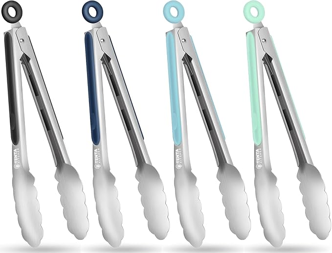 Tongs, 9-Inch Food-Grade Stainless Steel with Locking Ring, Set of 4