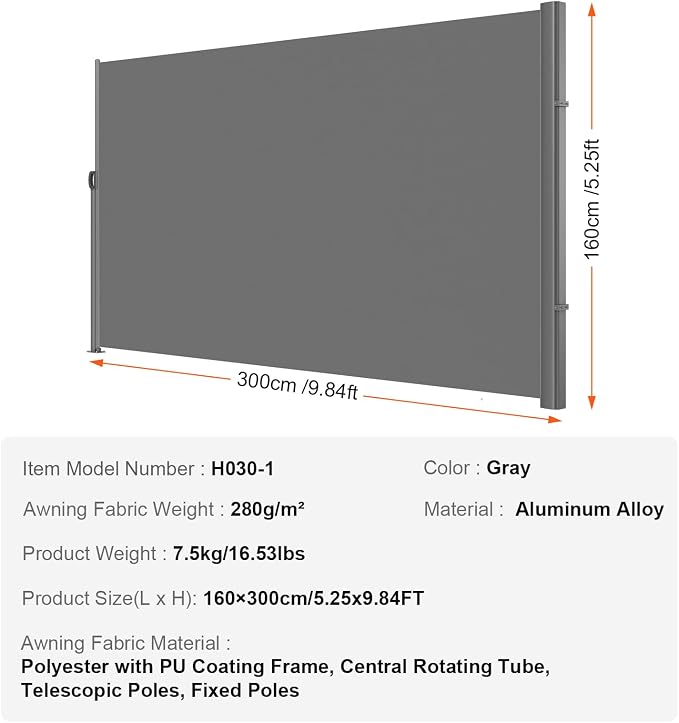 VEVOR Retractable Side Awning, UV 50 63''x 118'' Full Aluminum Rust-Proof - Image 7