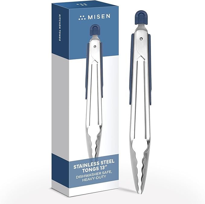 Stainless Steel Tongs, 13-Inch Blue, Silicone Tips & Scalloped Edges