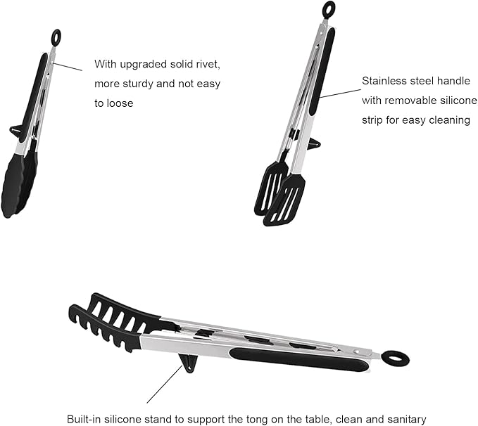 Tongs Set, 4 Piece Stainless Steel Kitchen Tongs with Silicone Tips