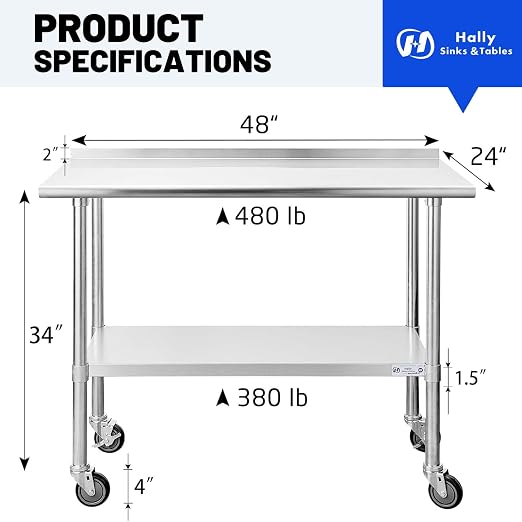 Hally Stainless Steel Table for Prep & Work 24 x 48 Inches - Image 3