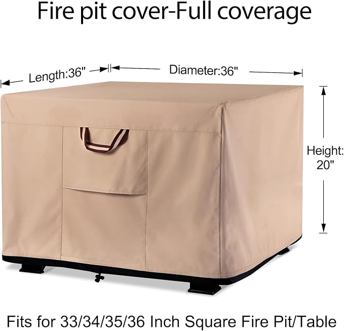 QH.HOME Fire Pit Cover Square-33-36 Inch Heavy Duty 900D Strong Tear-Resistant - Image 2