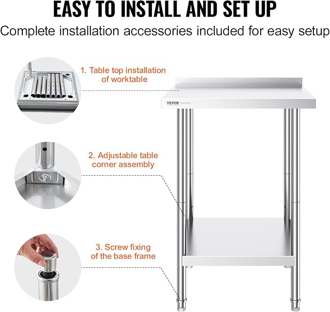 VEVOR 24 x 24 x 36 Inch Stainless Steel Work Table, Commercial Food Prep - Image 8