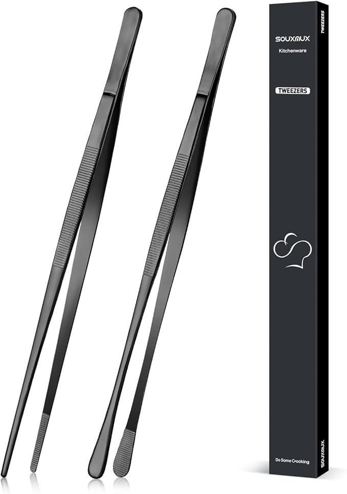 Tongs 2-Piece Set, 12-Inch Black Stainless Steel Tweezer Tongs
