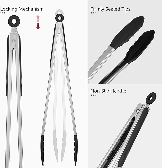 Tongs, 16-Inch Black Stainless Steel with Silicone Tips and Lock