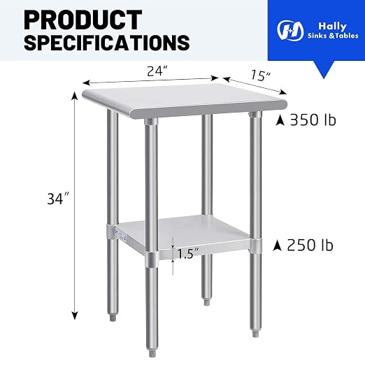 Hally Stainless Steel Table for Prep & Work 24 x 15 Inches, NSF Commercial - Image 3