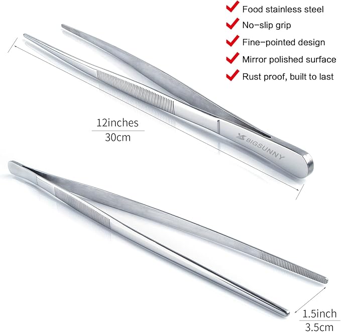 Tongs Stainless Steel Fine-Tip Tweezer Set, Silver, 12 Inch