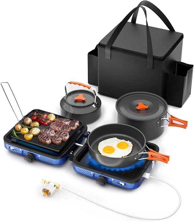 Hisencn Camping Stove, 2 Burner Propane Stove, 20000 BTU/h Camping Cooking set by Hisencn