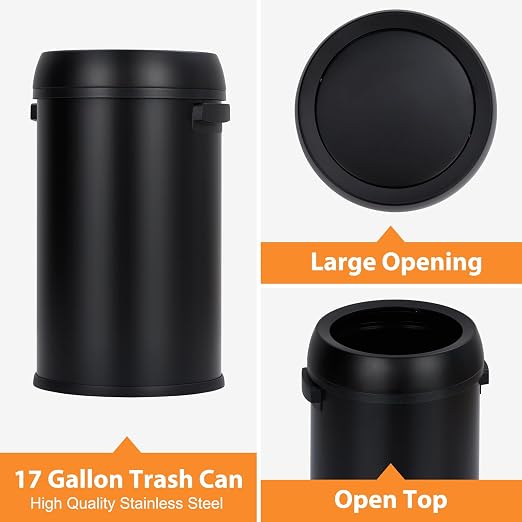 GarveeHome 17 gal/65 L Open Top Trash Can, Stainless Steel Rubbish Bin - Image 4
