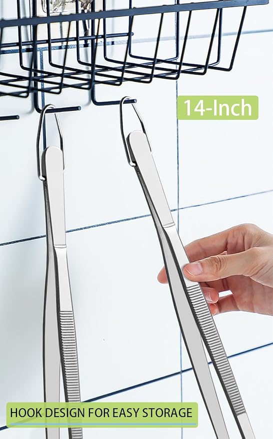 Tongs, 2-Pack 14-Inch Stainless Steel Kitchen Tweezers in Silver