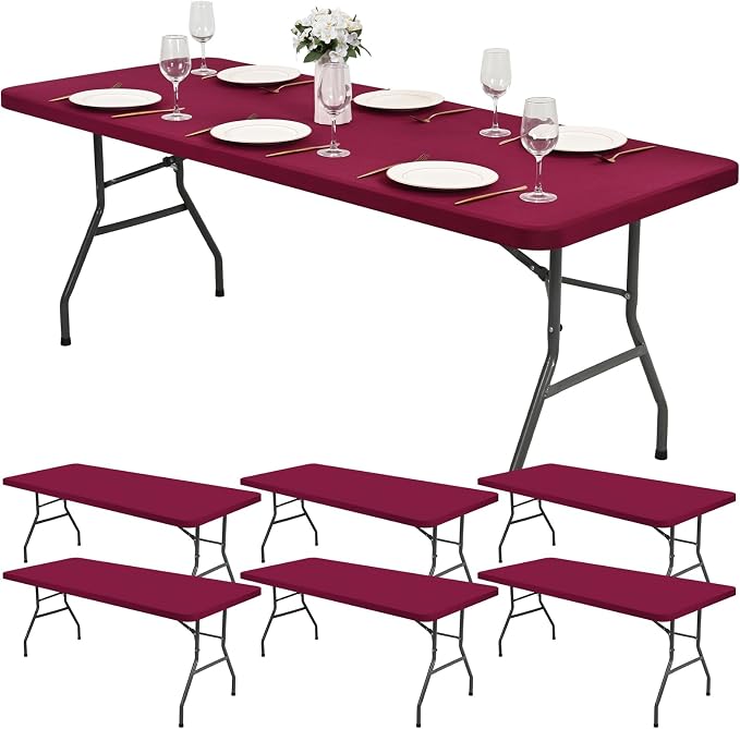 6 Pack Stretch Fabric Table Top Cap Cover, Wine Red Table Covers fits 8Ft Tables by Pesonlook
