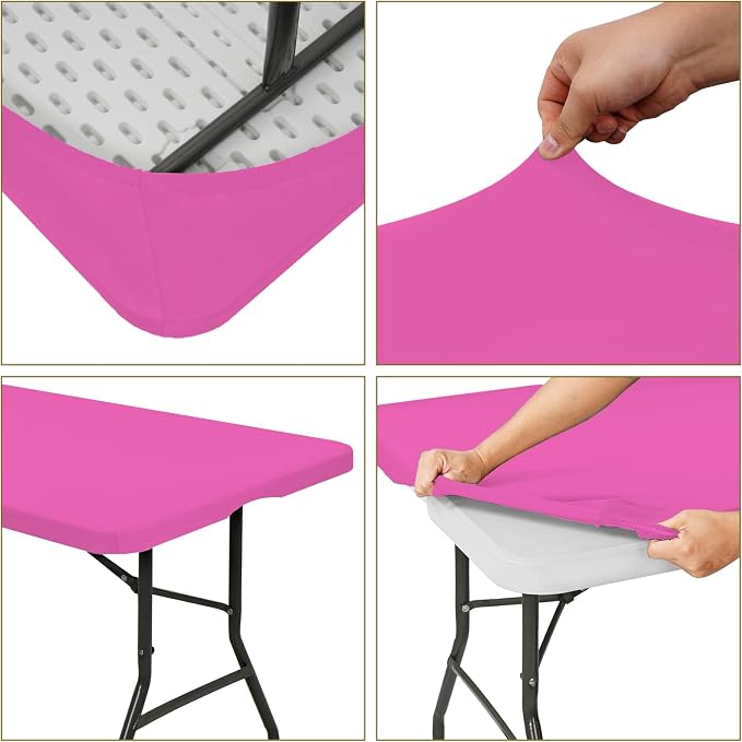 10 Pack Fitted Tablecloth for 6 Foot Rectangle Tables, Hot Pink Elastic Outdoor - Image 6