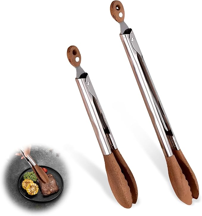 Kitchen Tongs 2 Pack, 13-Inch Walnut Wood and Stainless Steel with Lock