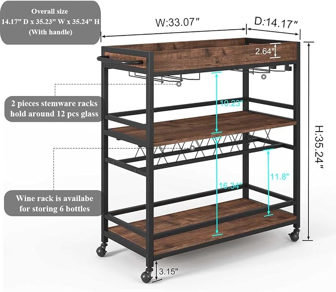 BON AUGURE Bar Cart for The Home, Rolling Home Bar Serving Cart on Wheels - Image 5