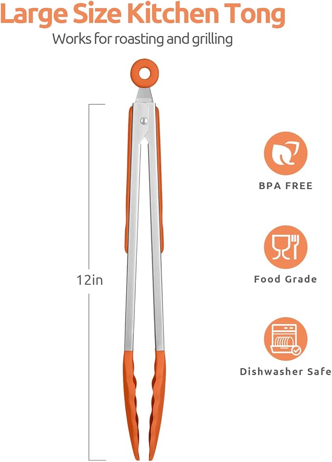 Tongs with Silicone Tips, Locking Design, 12-Inch Orange