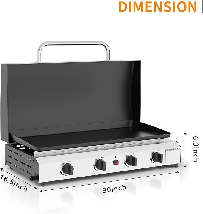 4 Burner BBQ Gas Griddle with Hood, 30 Inch Stainless Steel Portable Detachable - Image 6