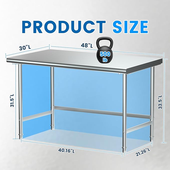 Treshin Open Base Stainless Steel Table 30" X 48", Commercial Heavy Duty Prep & - Image 3