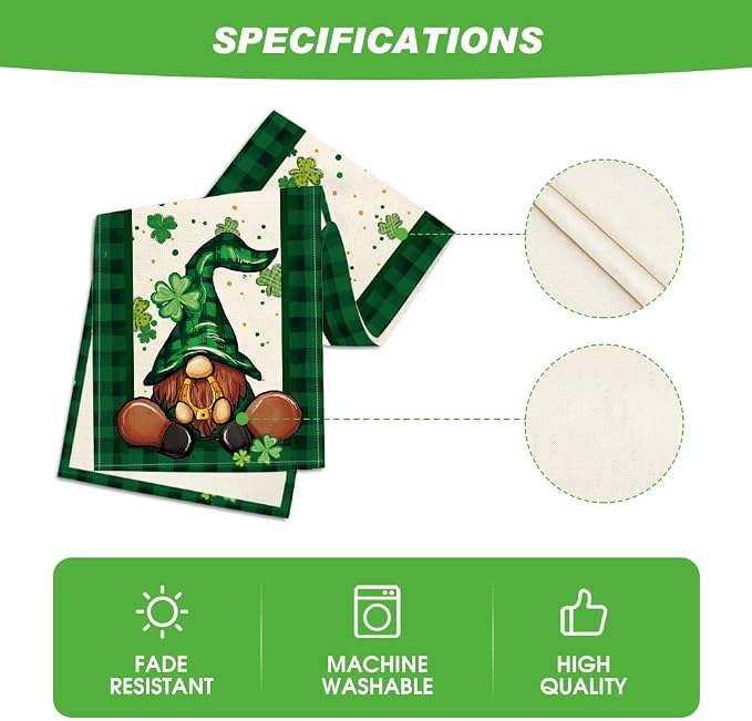 Artoid Mode Shamrock Buffalo Plaid Gnomes Lucky St. Patrick's Day Table Runner - Image 5