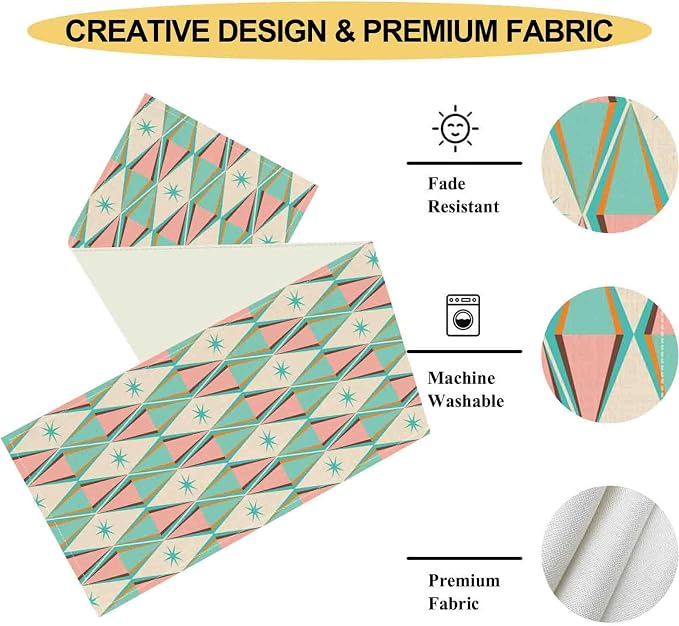 Geometric Table Runner, Retro Mid Century 1950s Modern Abstract Teal Pink - Image 5