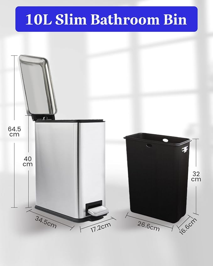 Rubbish Bin with Lid, 10 L, Stainless Steel Waste Bin, Pedal Bin, Stainless - Image 9