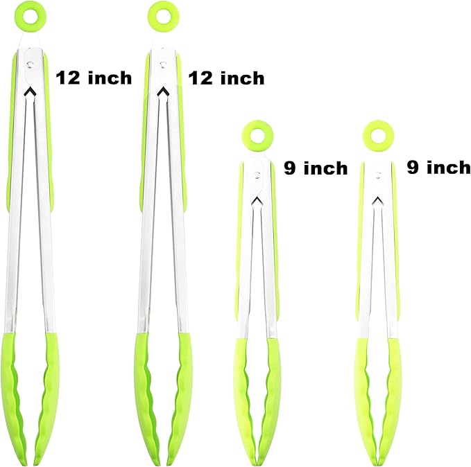 BBQ Tongs 4-Pack, Green Silicone, Heat Resistant to 500°F