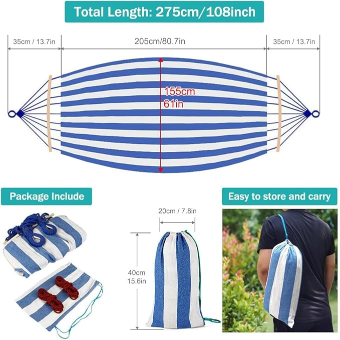 Hammock for Camping, 320G Canvas, 550 lb Capacity, Blue and White