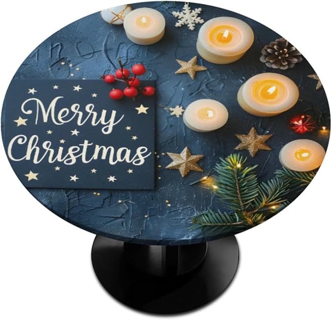 Merry Christmas Candle Star Round Table Cloth Cover, Elastic Edge Waterproof by ModaQua